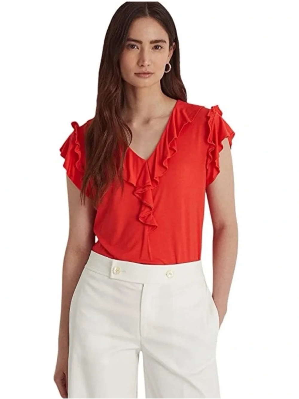 Lauren Ralph Lauren Red Ruffle Trim Jersey Top Size XL